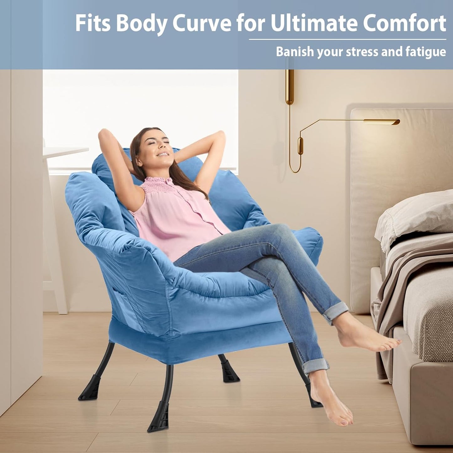 Lazy Chair Thick Padded, Comfy Velvet Accent Lounge Chair with Stable Frame, Leisure Sofa Armchair with Armrests and Side Pocket, Reading Chair for Bedroom, Living Room, Office, Light Blue
