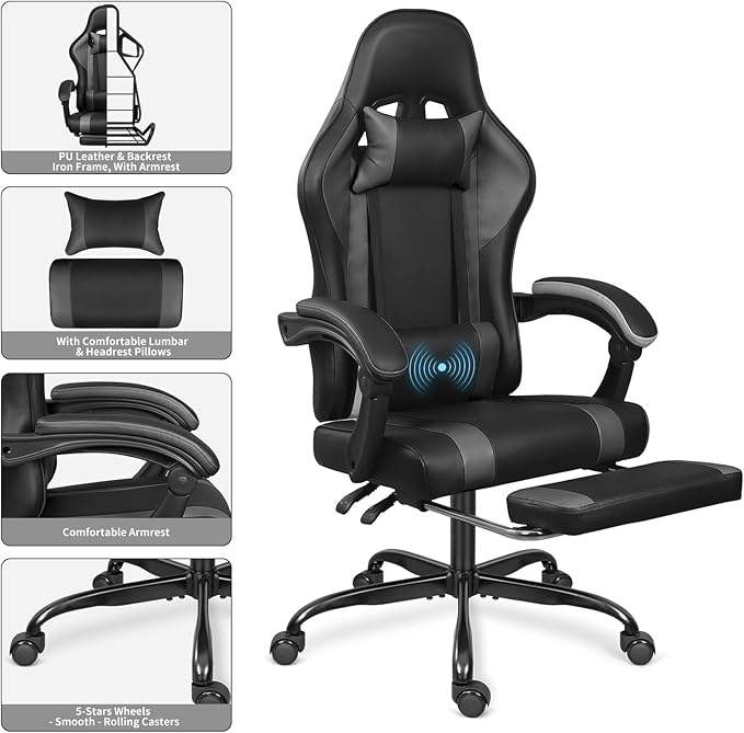 Gaming Chair with Footrest and Massage Lumbar Support, Height Adjustable Game Chair, Video Gaming Chair for Gaming Room, Living Room and Office - Black/Grey