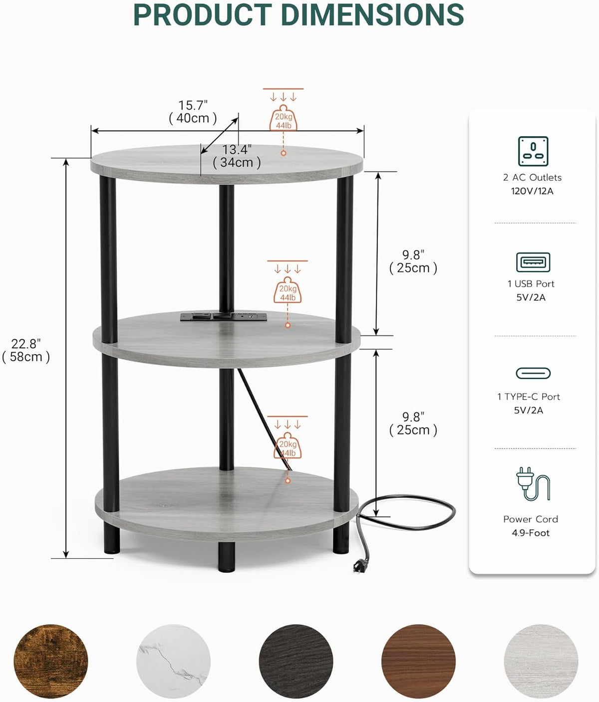 Small Round Side Table - 3-Tier Oval Accent Table for Small Spaces, Rustic Wood and Metal Nightstand for Living Room or Bedroom, Built-in USB Ports and Power Outlet, Greige