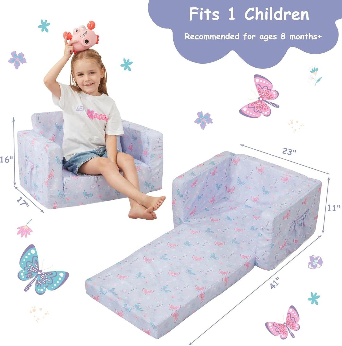 Viviland Kids Chairs for Toddler,2-in-1 Soft Toddler Couch Fold Out,Convertible Soft to Lounger Toddke Chair Comfy for Girls and Boys,Purple Butterfly