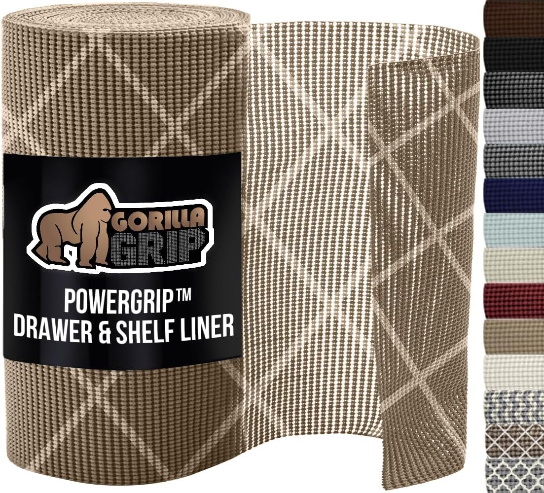 GORILLA GRIP powerGRIP Drawer Shelf and Cabinet Liner, Thick Strong Hold, Non-Adhesive Liners Protect Kitchen Cabinets and Cupboard, Bathroom Drawers, Easy Install, Breathable Mat, 12" x20', Beige