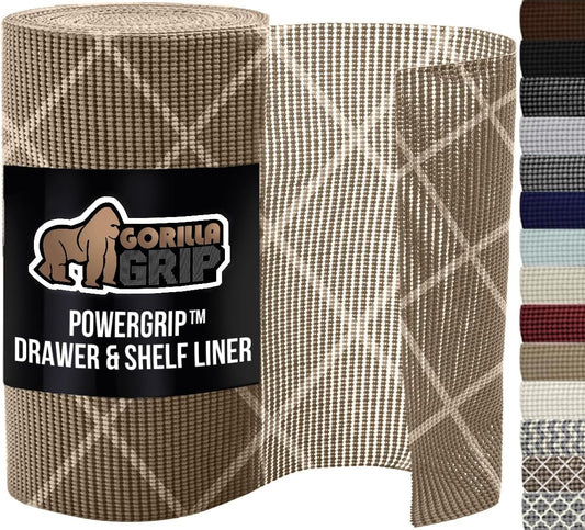 GORILLA GRIP powerGRIP Drawer Shelf and Cabinet Liner, Thick Strong Hold, Non-Adhesive Liners Protect Kitchen Cabinets and Cupboard, Bathroom Drawers, Easy Install, Breathable Mat, 20" x10', Beige