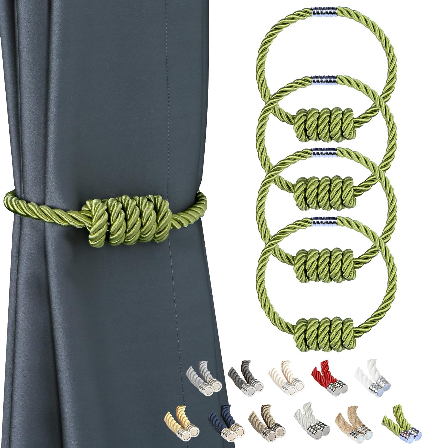 BEL AVENIR Magnetic Curtain Tiebacks, Decorative Drapery Holdbacks Modern Woven Tie-Backs with Exquisite Knot (Green, 4 Pack)