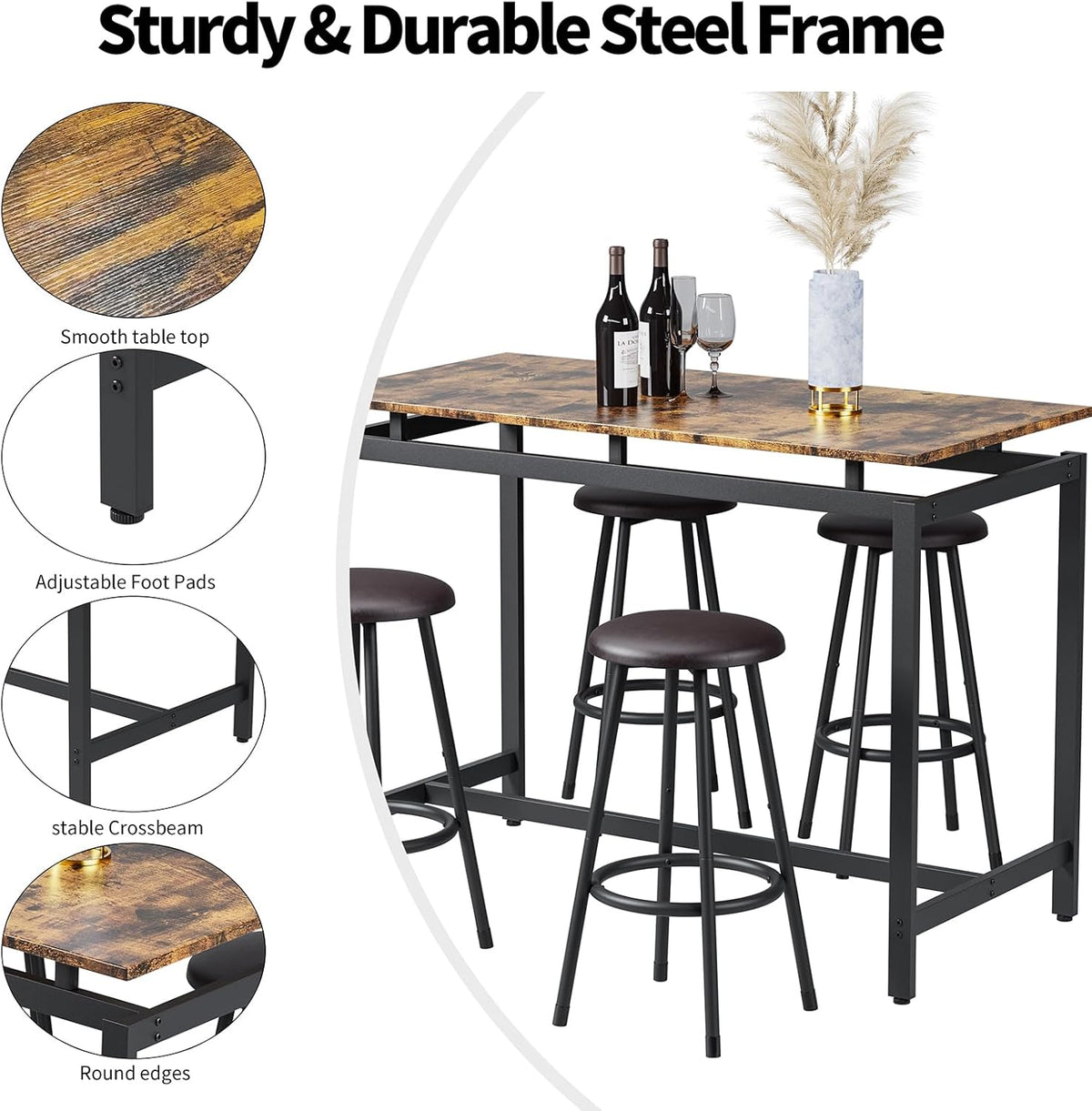 5-Piece Bar Table and Chairs Set, 47.2'' Pub Table Set with 4 Stools, Counter Height Table and Chairs Set of 4 for Breakfast Nook Living Room Small Space Restaurant, Black+Brown