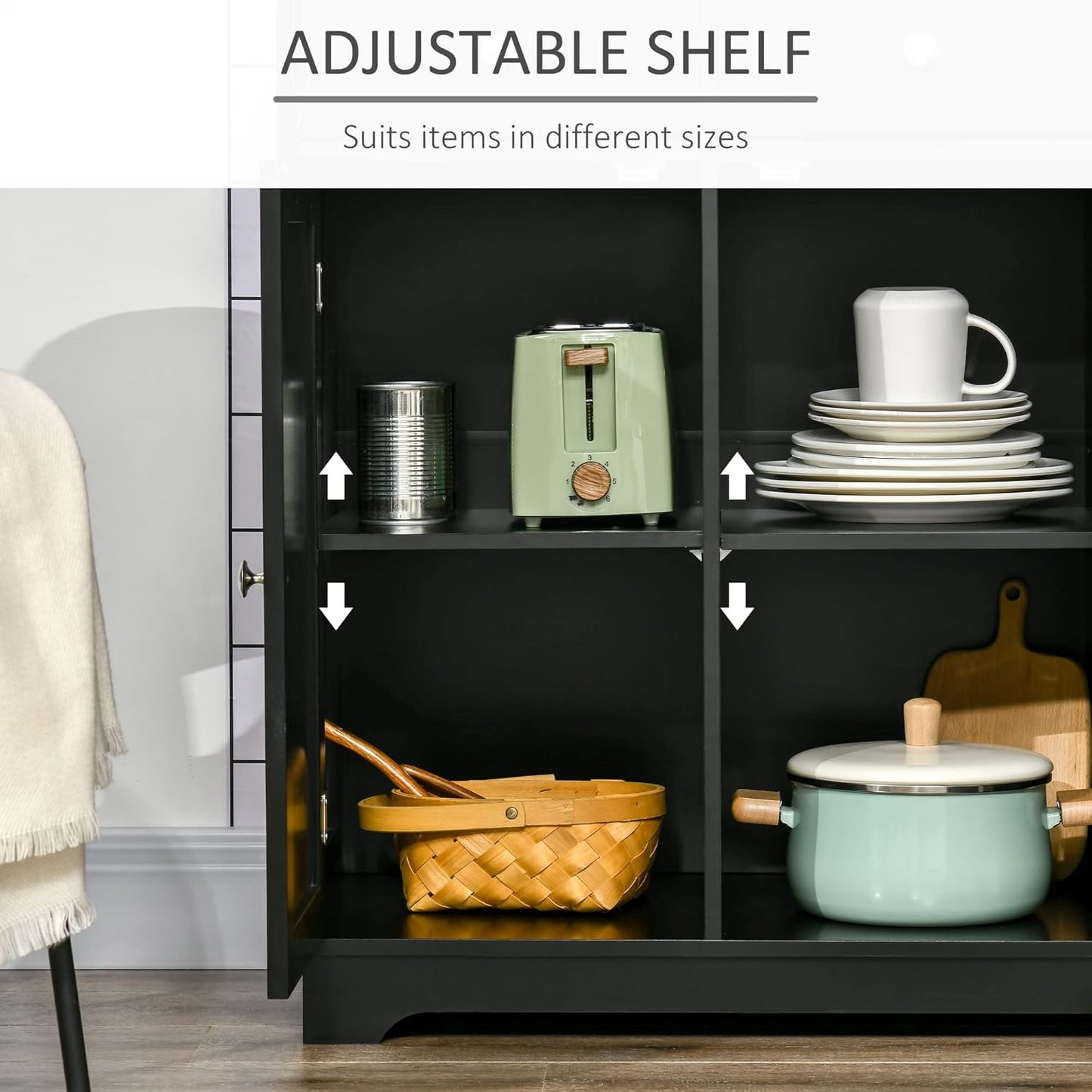 HOMCOM Sideboard with Solid Wood Countertop, Modern Kitchen Storage Cabinet, Coffee Bar Cabinet with 3 Drawers, Doors and Adjustable Shelf, Black