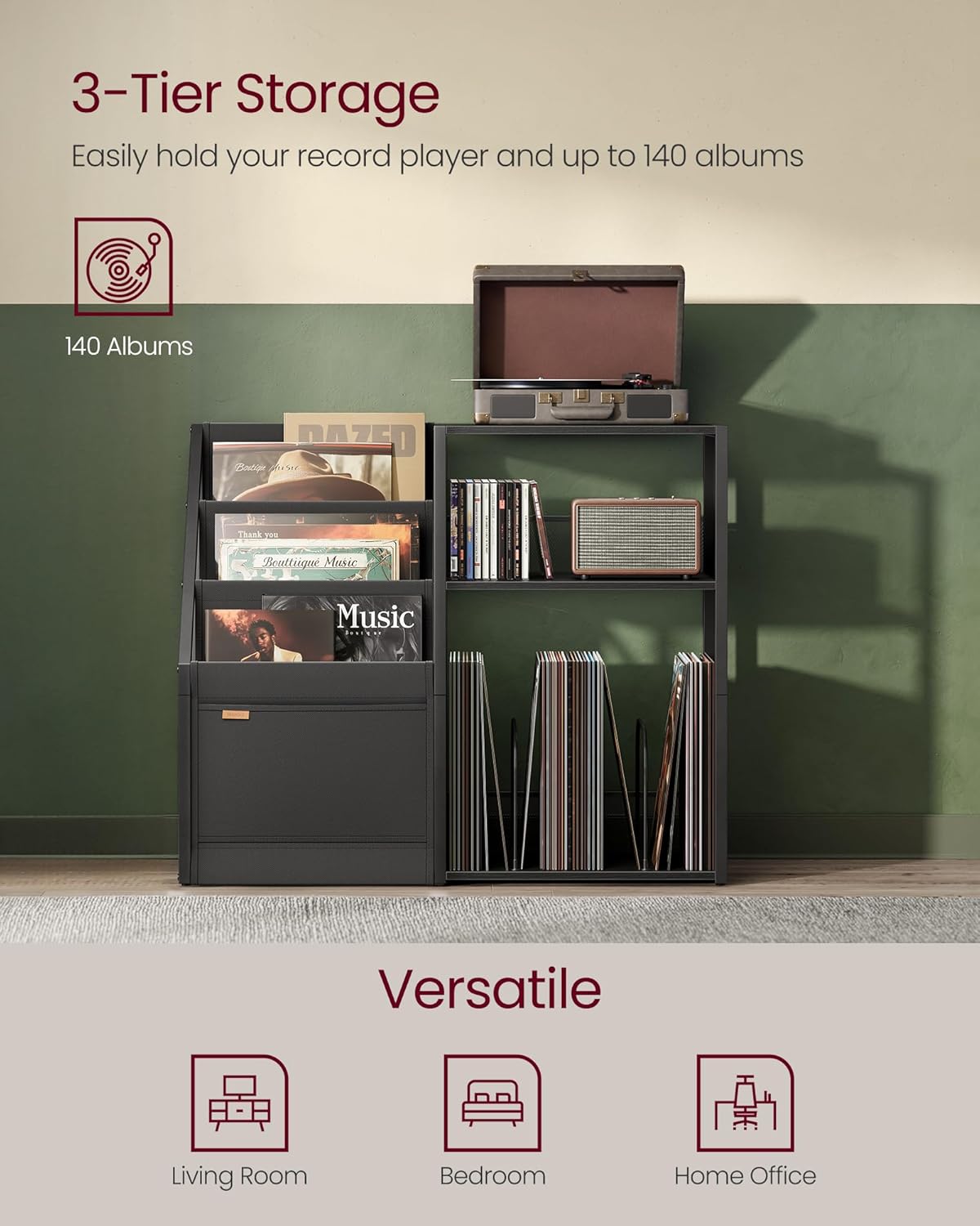 VASAGLE Record Player Stand, 3-Tier Side Table, Vinyl Record Storage up to 140 Albums, End Table for Living Room, Bedroom, Ebony Black ULET276B01