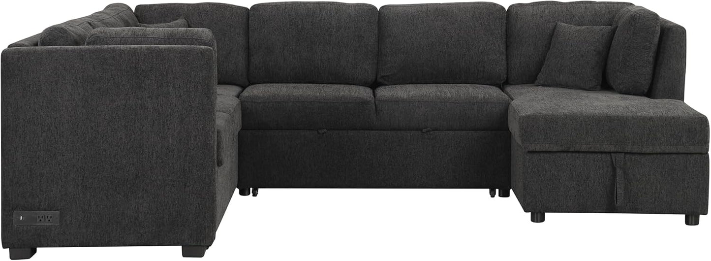 Ball & Cast 108.6" Sleeper Sectional Pull Out Sofa with 2 USB Ports,Two Power Sockets,Versatile U-Shape Couch w/ 3 Back Pillows and Storage Chaise,for Living Room,Office,Apartment,Black