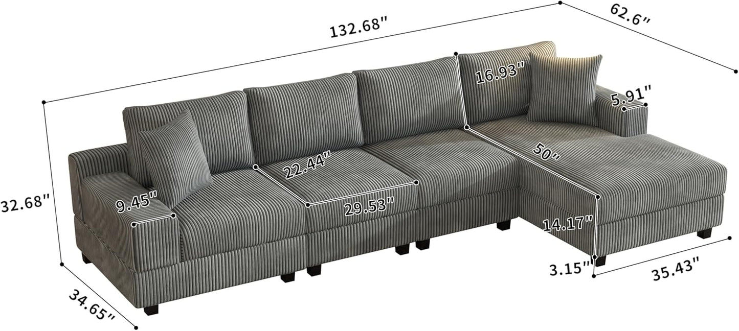Eafurn 132.68" Oversized L Shaped Modular Sectional Sofa Couch with Reversible Chaise Lounge Daybed, Modern Corduroy Upholstered Corner Lounge Couch with Thick Cushions and Headrest
