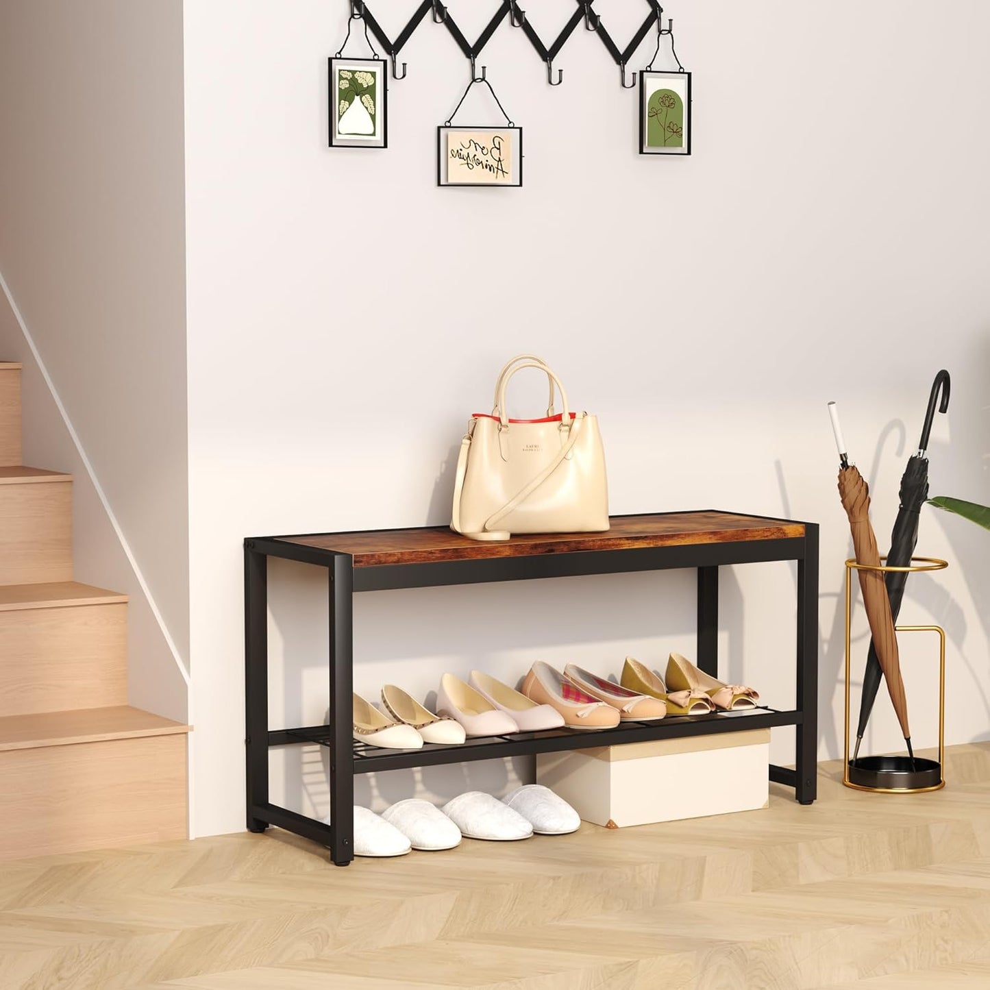 HOMEFORT Shoe Bench, Modern Industrial Shoe Storage Bench, Entryway Bench with Mesh Shelf and Sturdy Metal Frame, Metal Shoe Rack with Durable MDF Top for Hallway, Mudroom, Living Room, Rustic Brown