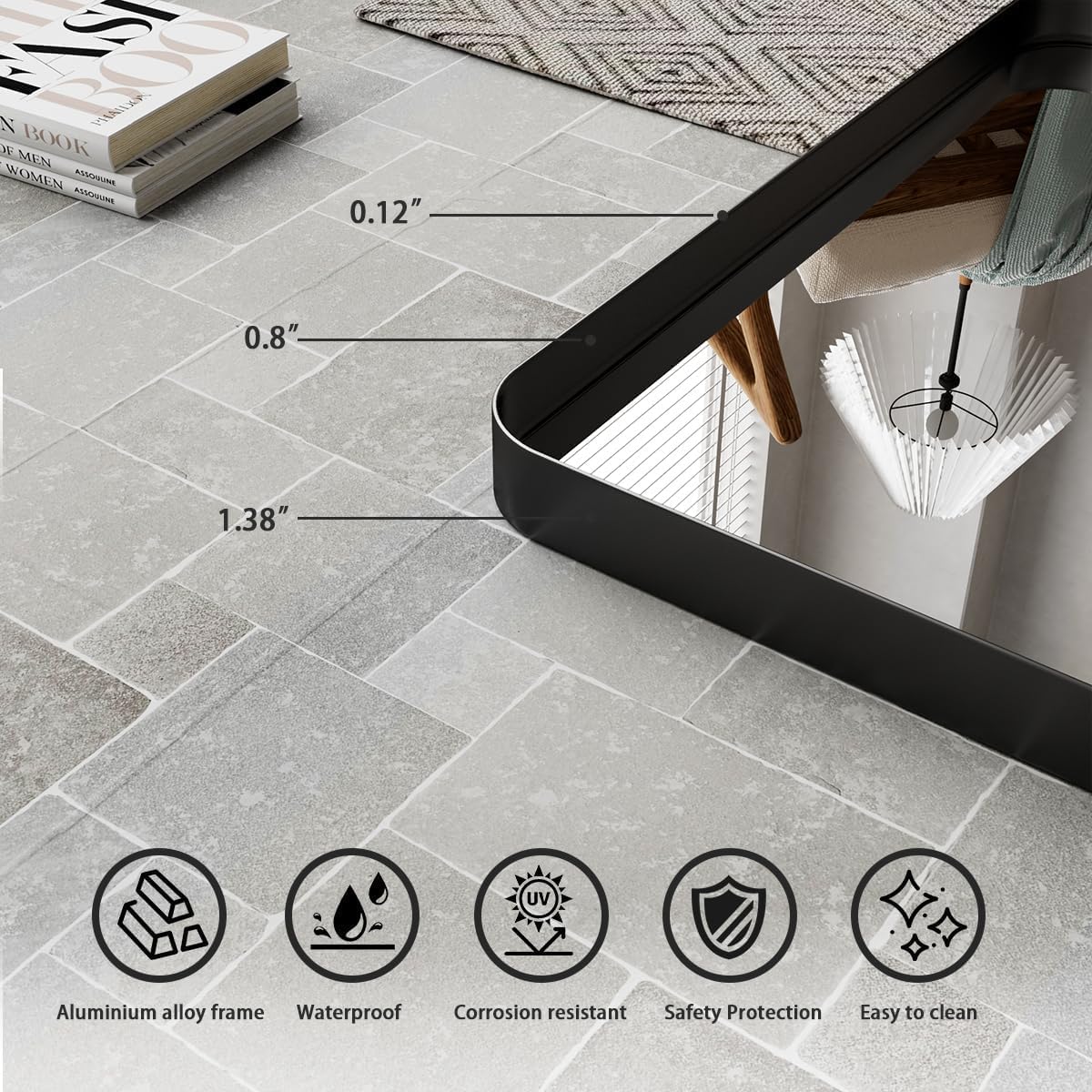 Koonmi Black Bathroom Mirror for Wall, 30x40 Inch Matte Metal Deep Framed Rounded Corner Wall Mirror, Shatterproof Tempered Glass for Farmhouse Bedroom Entryway, Vertically or Horizontally