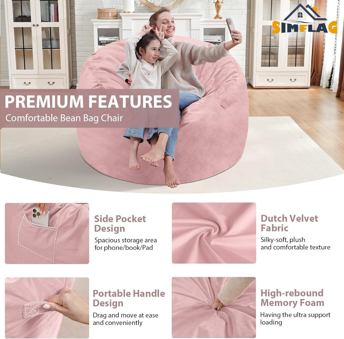 3FT Bean Bag Chair, Comfy Bean Bag Chairs with Memory Foam Filled, Fluffy Beanbag Sofa with Dutch Velvet Cover, Round BeanBag Chairs for Living Room, Playroom - Light Pink
