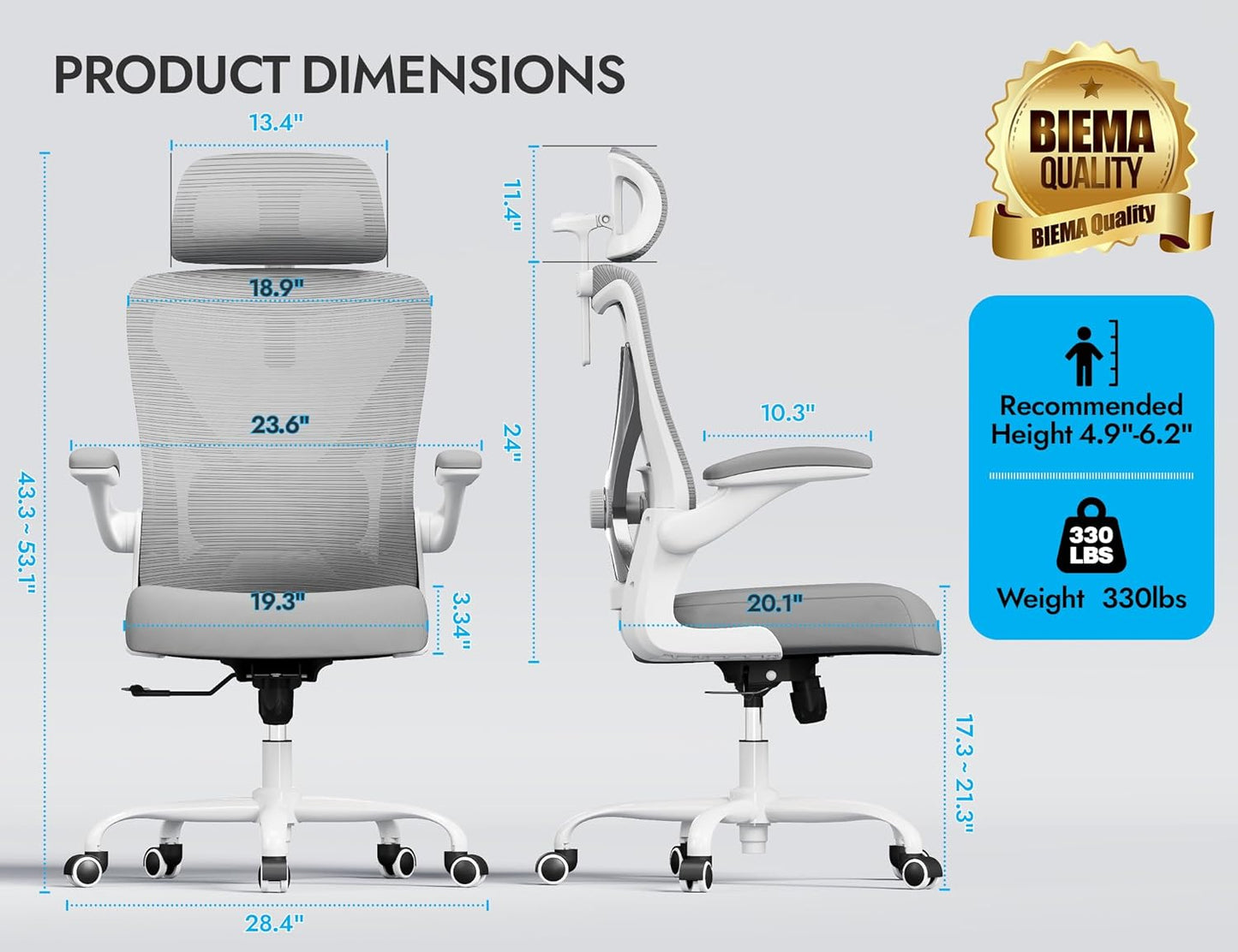 Ergonomic Office Chair - Computer Desk Chairs Comfy, Mesh High-Back Gaming Chair with Adjustable Lumbar Support, Executive Task Chair for Adults, Comfortable for Long Hours (Grey Silver)