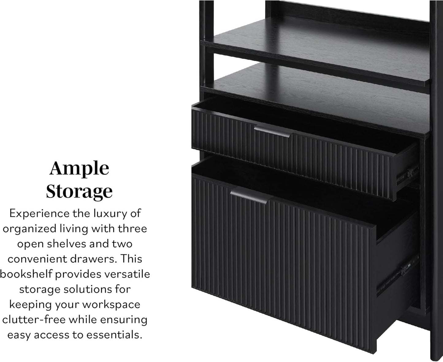 Walker Edison Transitional Open Reeded 4-Shelf Bookshelf with Drawers Versatile Bookcase with Bottom Storage for Home Office, Living Room, Bedroom, 33 Inch, Black