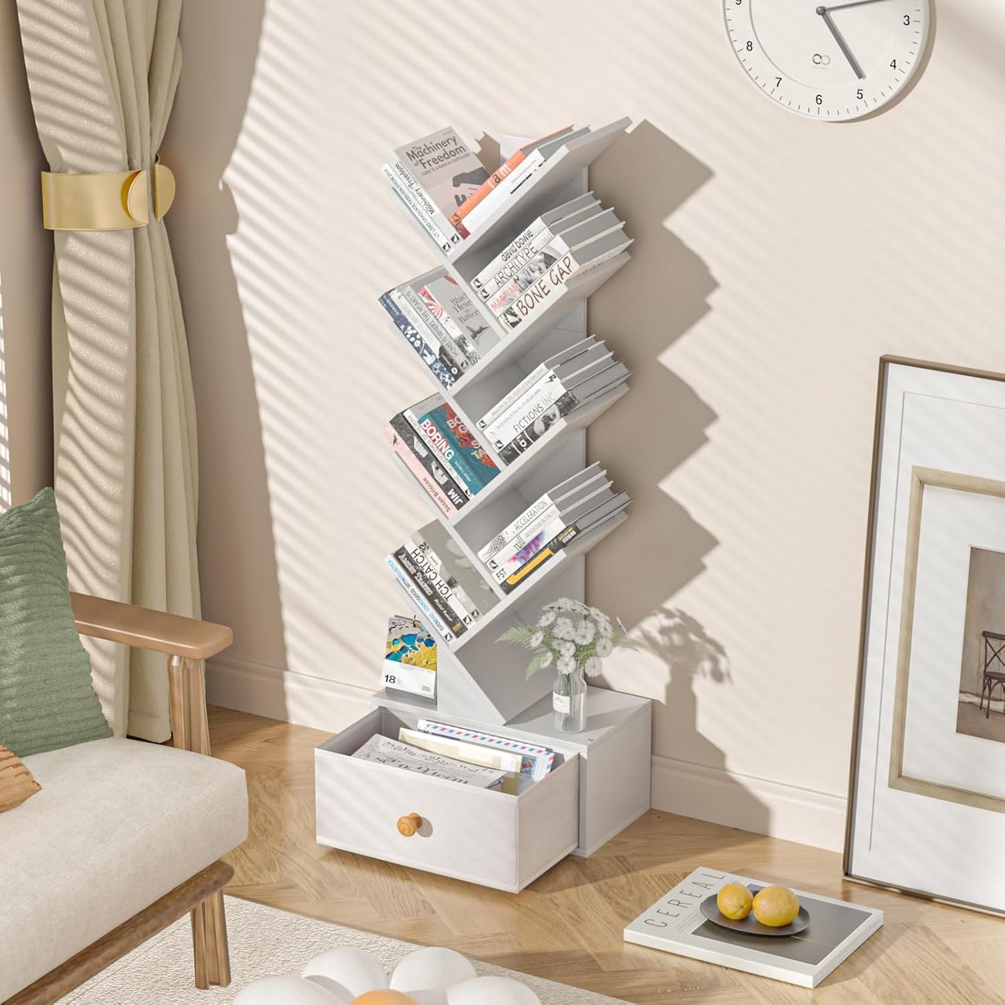 8 Tier Tree Bookshelf with Drawer, Free Standing Wood Bookcase for Living Room, Bedroom, Home Office, Space Saving Storage Organizer Bookshelves for Books, CDs, Vinyl Records- White