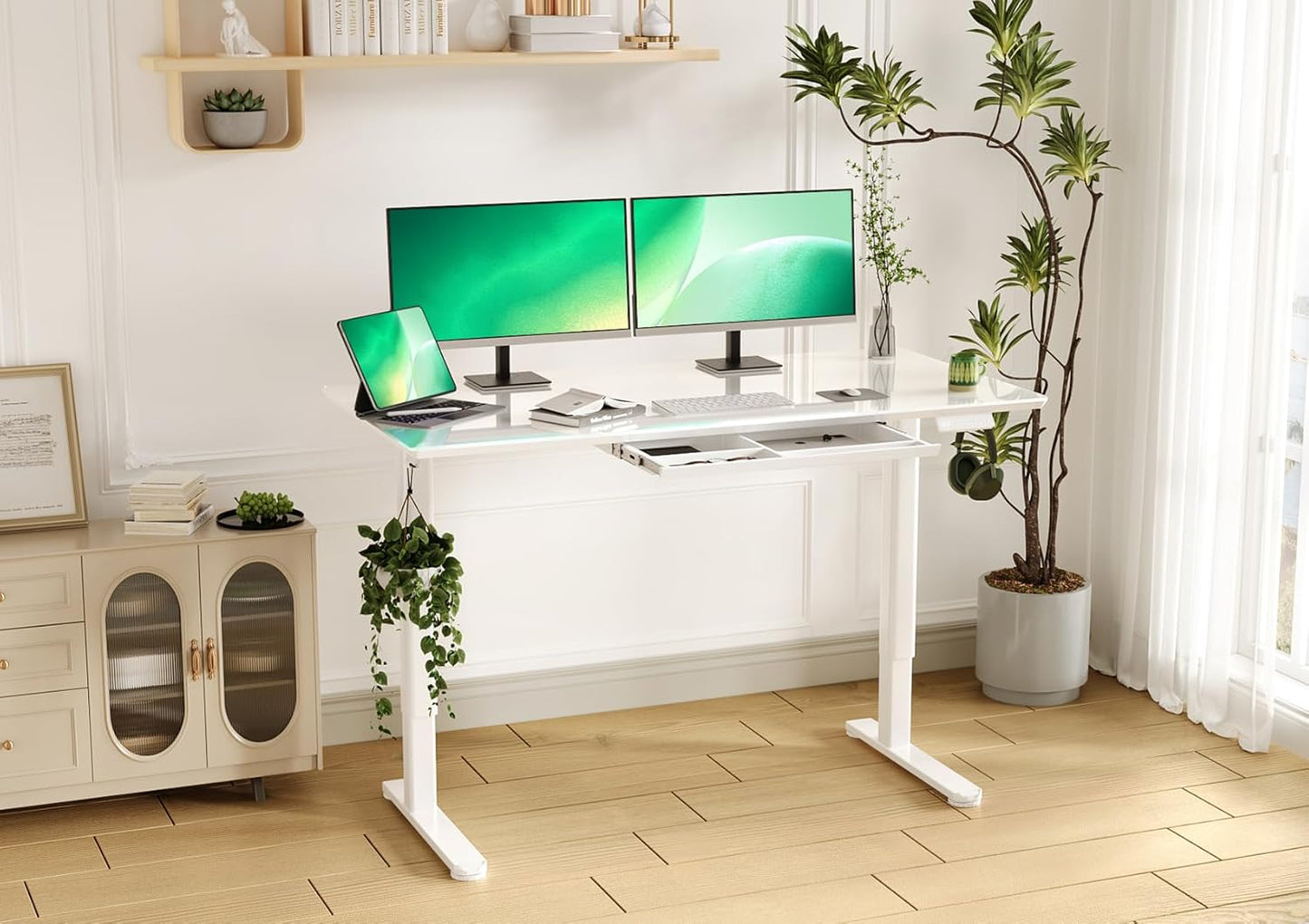 INNOVAR Glass Standing Desk with Drawers, 55×27.6 Inch Adjustable Stand Up Desk Quick Install Home Office Computer Desk, Super White