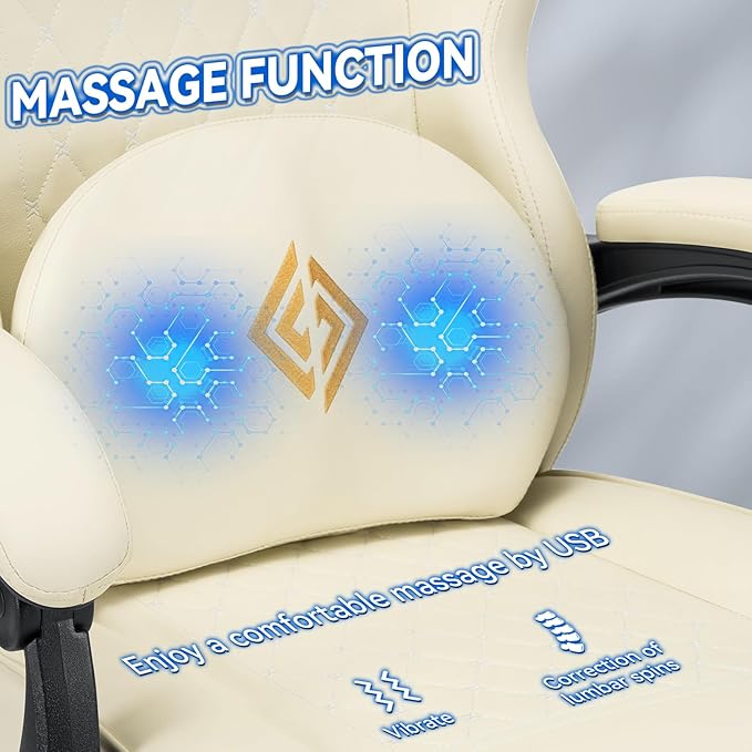 HOFFREE Gaming Chair with Speakers Massage Computer Gaming Chair with Pocket Spring Cushion for Adults Reclining Gamer Chair with Bluetooth Video Game Chairs with Footrest Ivory