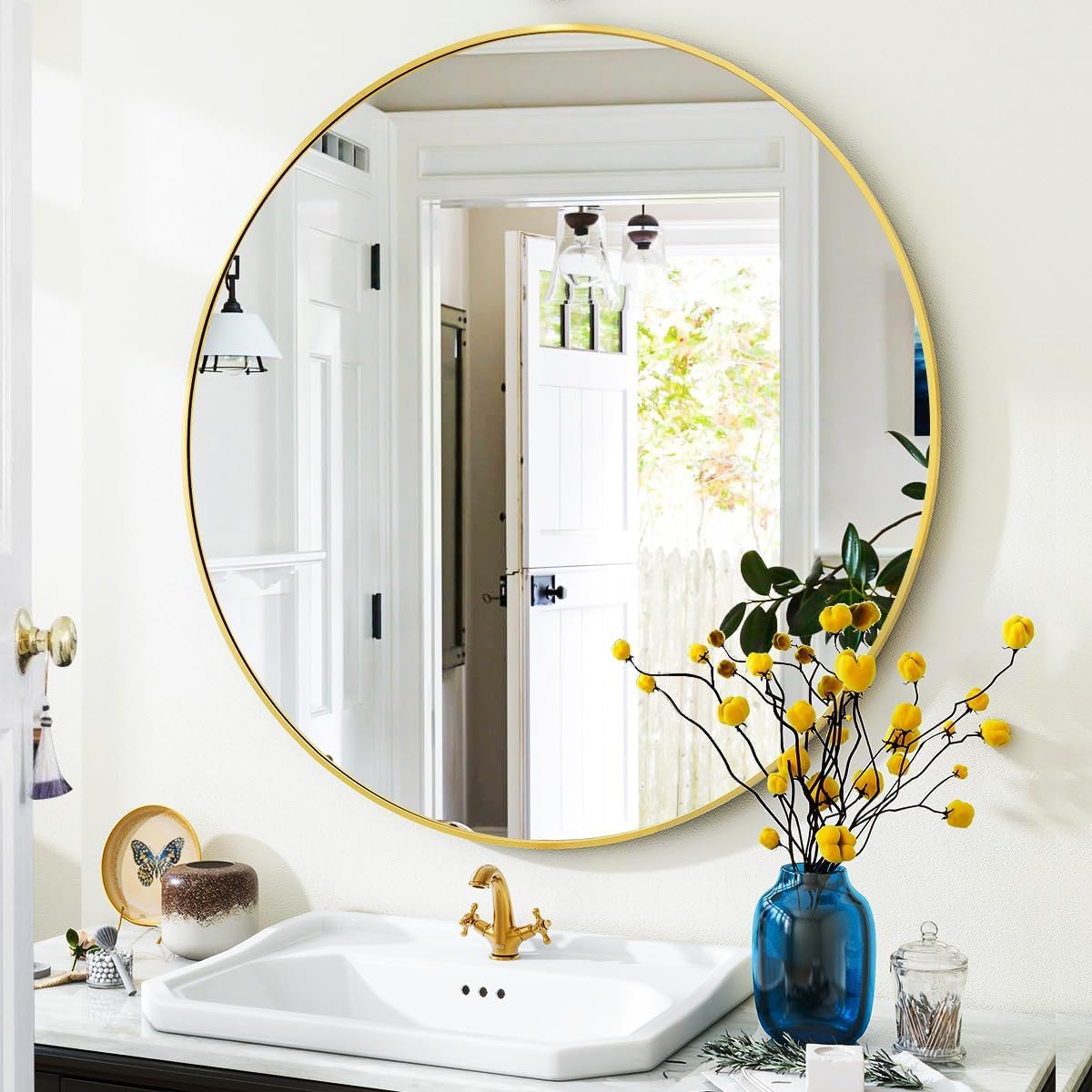 Gold Round Bathroom Mirror, 24 inch Circle Wall Mounted Hanging Mirror with Simple Modern Circular Metal Frame for Hallway, Entryway, Living Room, Gold Frame