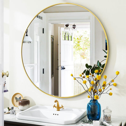 Gold Round Bathroom Mirror, 24 inch Circle Wall Mounted Hanging Mirror with Simple Modern Circular Metal Frame for Hallway, Entryway, Living Room, Gold Frame