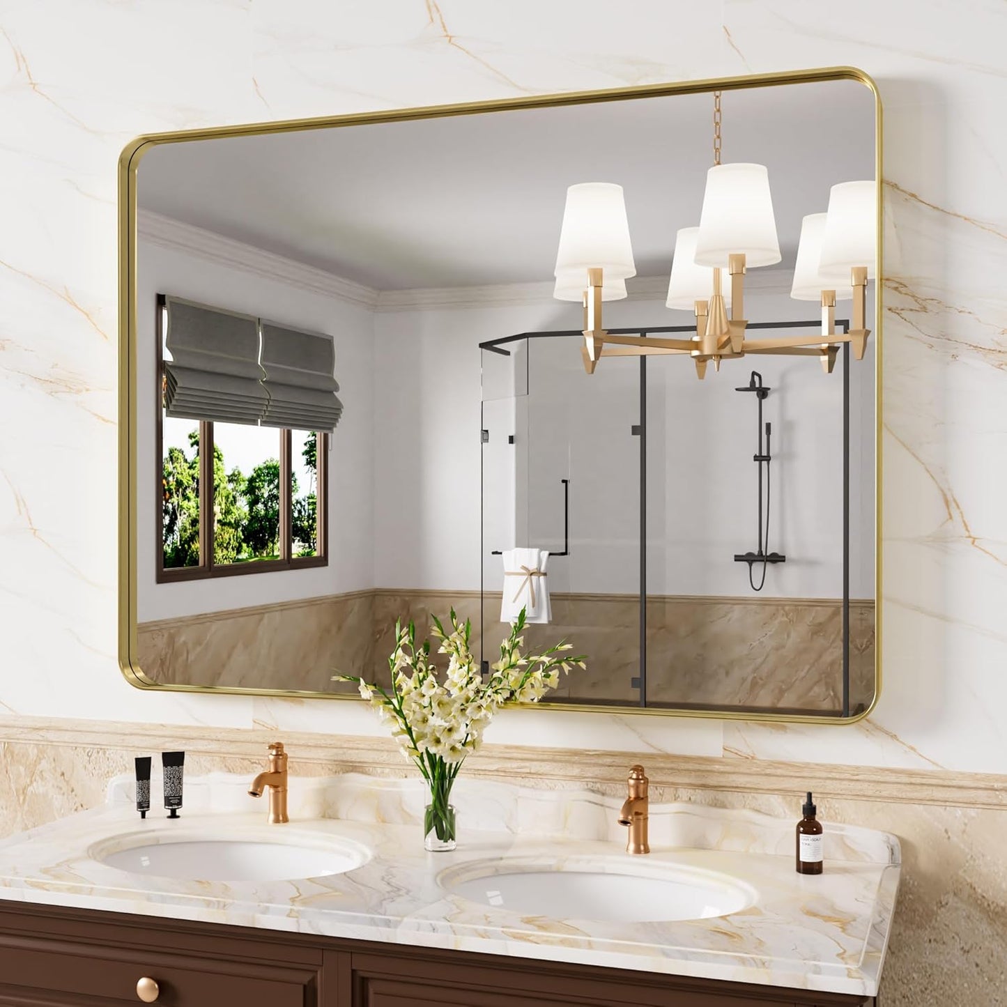 Gold Bathroom Mirror, 48x32 Inch Brushed Gold Metal Frame Mirror for Wall, Rounded Rectangle Bathroom Vanity Mirror, Tempered Glass, Anti-Rust, Horizontal/Vertical