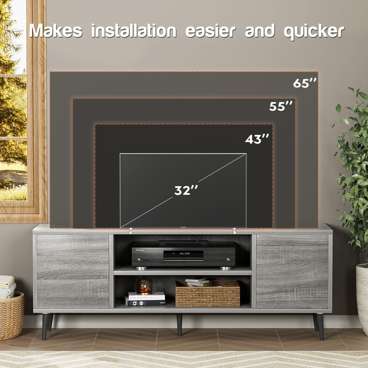 YESHOMY Modern TV Stand for 65" Television, Entertainment Center with Two Storage Cabinets, Retro Style Media Console for Living Room, Bedroom, Office, 58 Inch, Light Gray