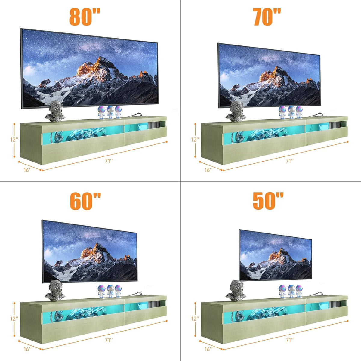 Floating TV Stand with Led Lights, 71 inch Wall Mounted TV Shelf with Power Outlet, Modern Entertainment Center Media Console with Storage Cabinet, Up to 80 Inch TVS, Green