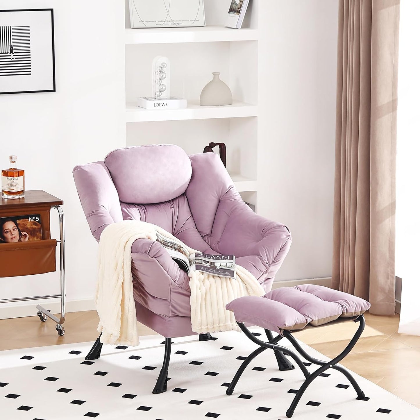 Lazy Chair with Ottoman, Modern Chair with Folding Footrest, Lounge Accent Chair, Comfortable Reading Chair (Velvet Light Purple)