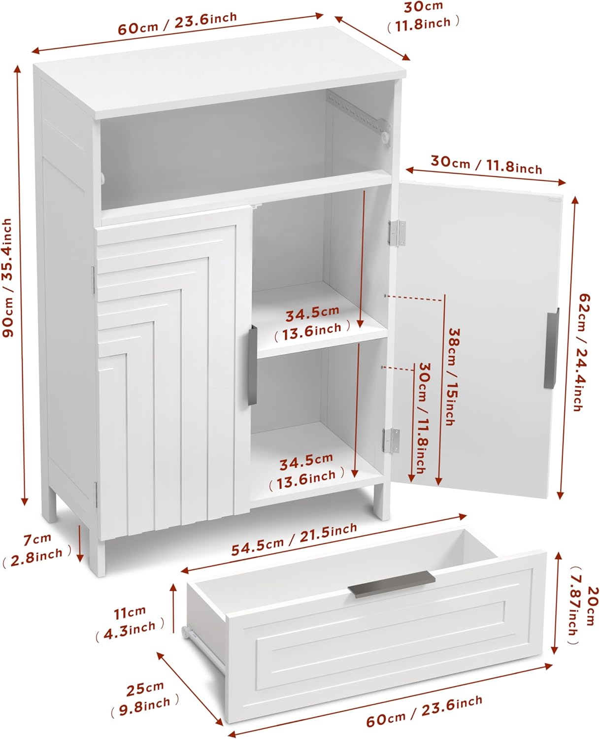 Storage Cabinet Bathroom Floor Cabinets with Drawer Freestanding Kitchen Cabinet Fluted Coffee Bar Cabinet for Living Room, Entryway, Garage Accent Storage Organization - 23.6x11.8x35.4- White