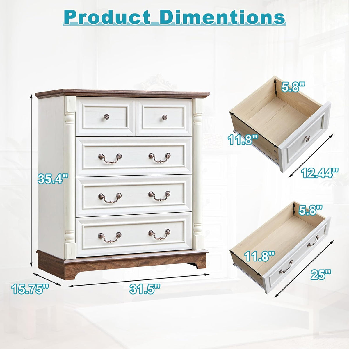 31.5" Farmhouse Sideboard Buffet Cabinet with Storage, Kitchen Buffet Storage Cabinet with 5 Drawers, Modern Wood Accent Sideboard for Living Room, Kitchen, Hallway(Antique White)