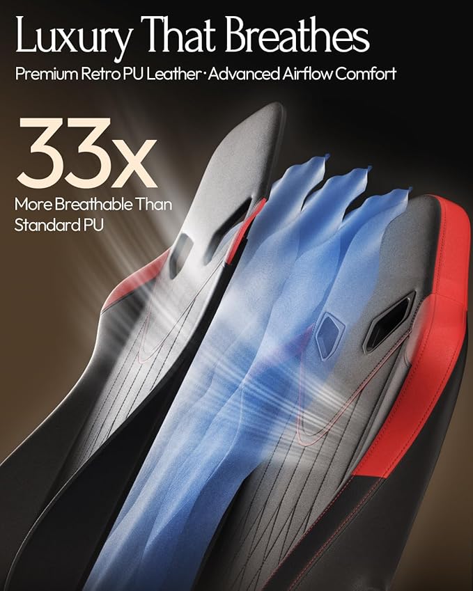 Dowinx Gaming Video Gaming Chair with Shiatsu Neck Massage and Lumbar Support for Home Office High Back Recliner Height Adjustable Ergonomic Comfy Leather Computer Desk Chair (Red)