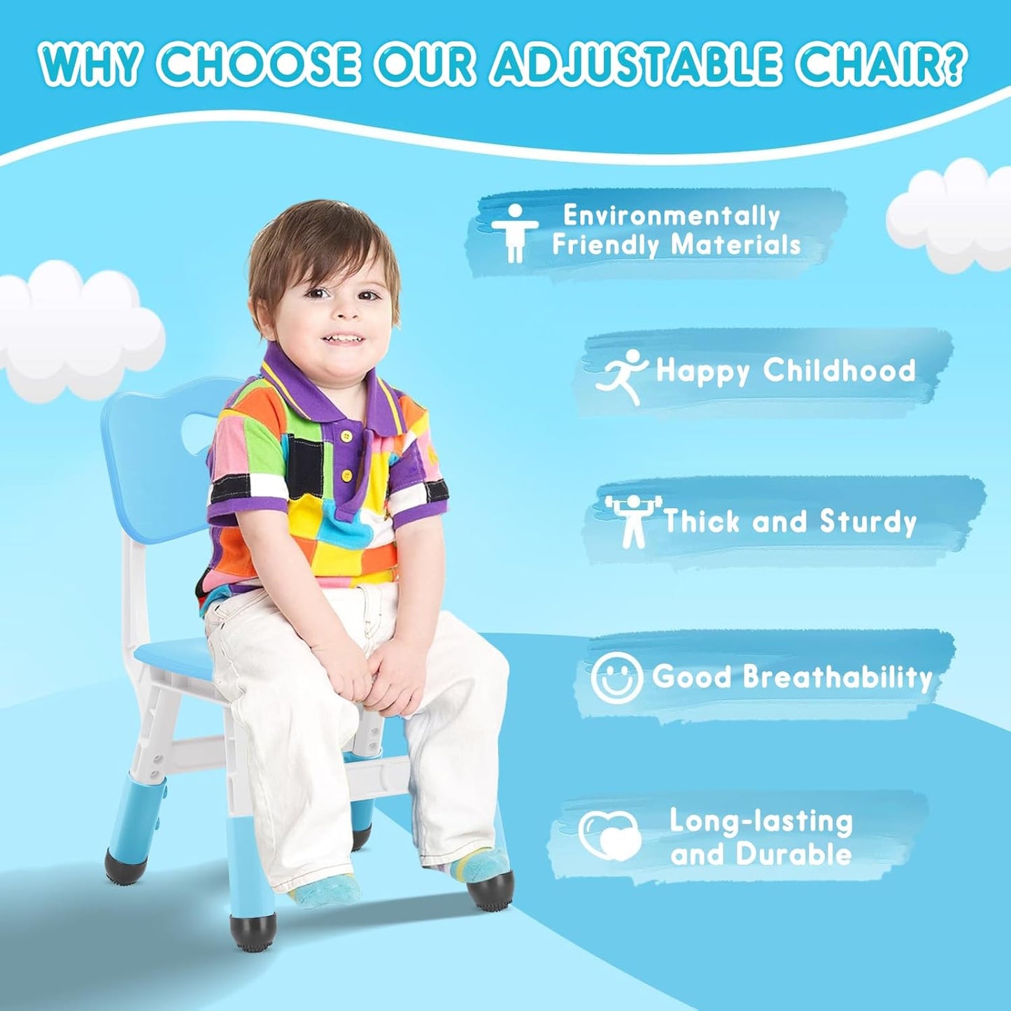 Kids Adjustable Chair with 3 Height Levels Toddler for Desk and Play Indoor Outdoor Activities
