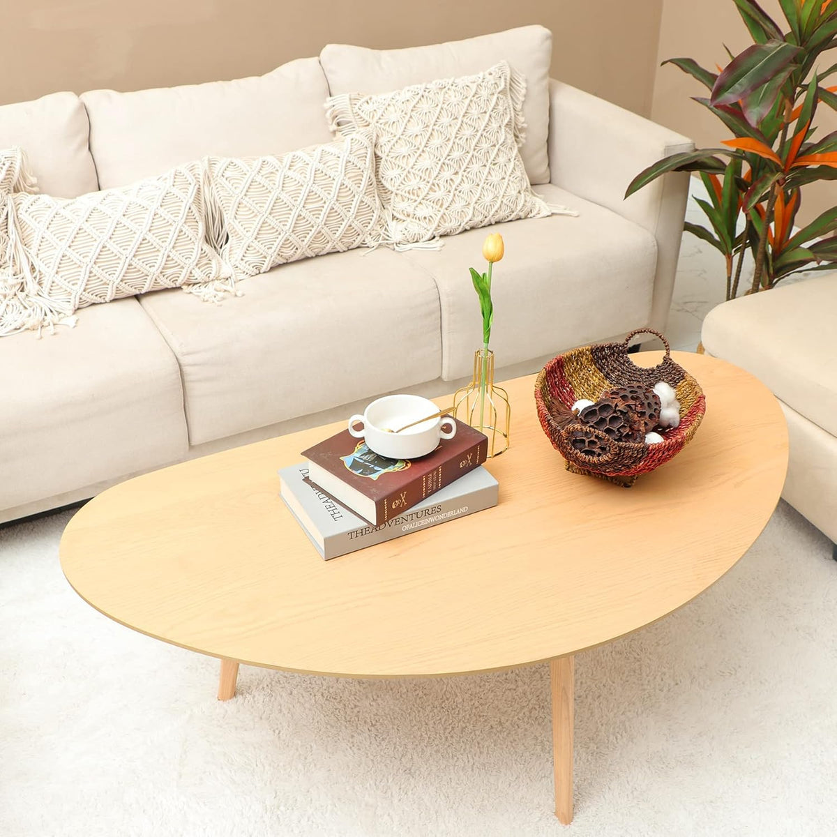 FIRMINANA Mid Century Modern Coffee Table,Large Oval Shape for Living Room,Oval Small Mangotop Coffee Table for Small Spaces Nature Wood-47.3" W x23.63 D x 17.72" H