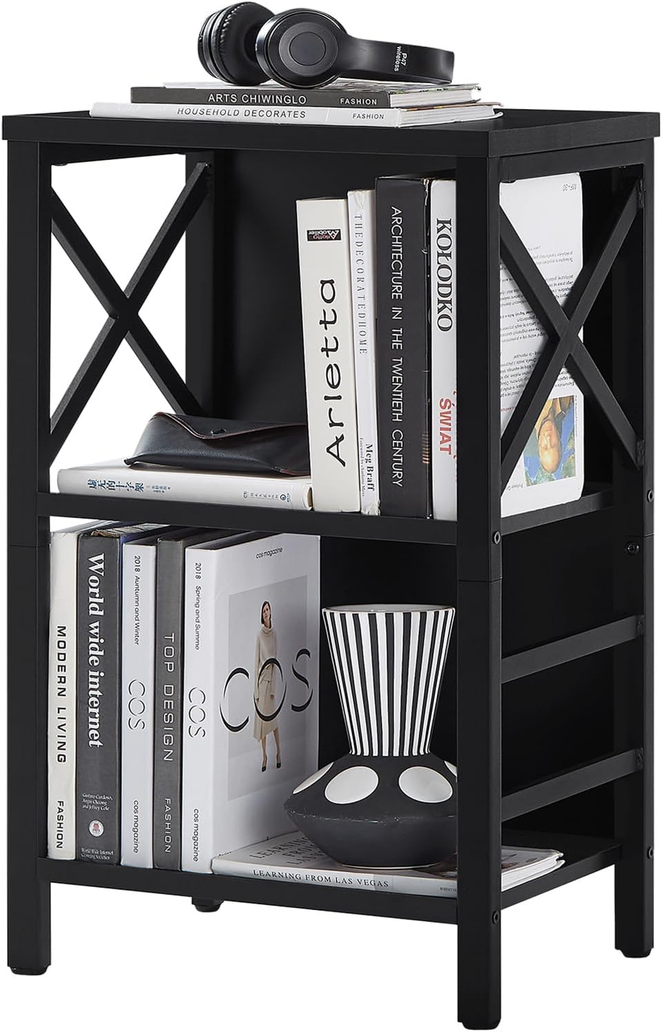 Small Bookshelf,3 Tier Industrial Bookcase with Metal Frame and Backboard,Low Black Book Shelf,Book case for Small Spaces,Living Room,Bedroom and Home Office