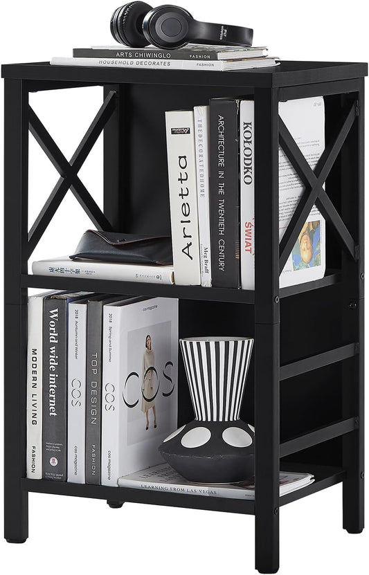 Small Bookshelf,3 Tier Industrial Bookcase with Metal Frame and Backboard,Low Black Book Shelf,Book case for Small Spaces,Living Room,Bedroom and Home Office