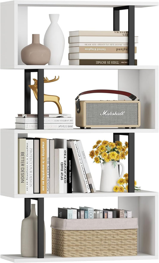 Yusong Geometric Bookcase, S Shaped Bookshelf 4-Tier Book Shelves for Bedroom, Modern Wood Decorative Display Shelf Tall Book Case for Home Office, Black and White