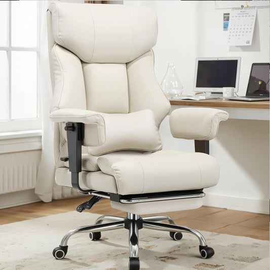 COMHOMA Big and Tall Office Chair 400lbs High Back Leather Executive Chair with Ergonomic Lumbar Support & Pocket Spring Cushion for Lower Back Pain Relief, Computer Gaming Chair with Foot Rest, Beige