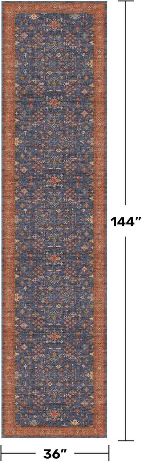 Washable 12 ft Long Runner for Kitchen Floor - Navy Blue Hallway Runner Rug, Pet Friendly Waterproof Non Slip with Rubber Backing, Stain Resistant Laundry Room Rug (3x12 Navy Blue & Terracotta)