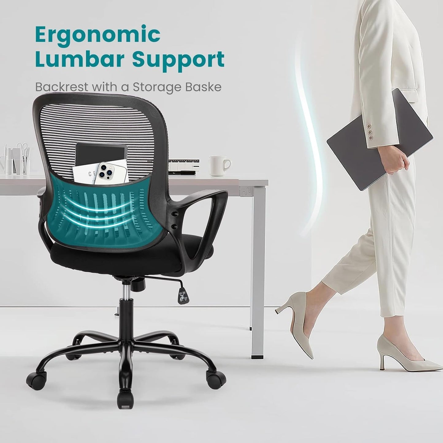 SMUG Home Office Computer Desk Chair - Ergonomic Mid-Back Mesh Swivel Rolling Work with Wheels, Comfy Lumbar Support and Armrest, for Bedroom, Study, Dorm, Student, Adults