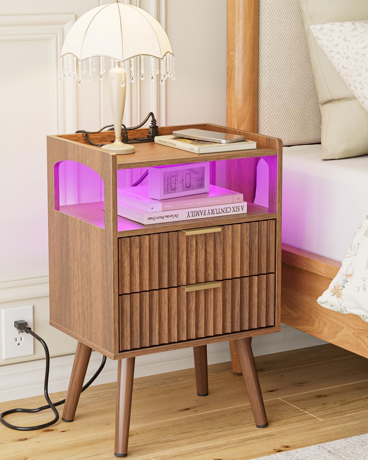Nightstand with Charging Station and LED Lights,Modern Bedside Table with 2Drawer and Open Shelf,Walnut Night Stand with Solid Wood Legs,End Table for Living Room、Bedroom and Small Spaces