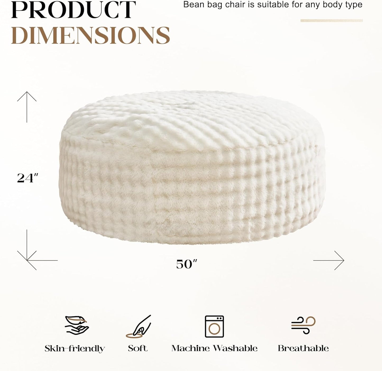 Hobestluk Bean Bag Chairs 5ft Beanbag Chair with Filler Adult Bean Bags with Fluffy & Machine Washable Cover, Giant Bean Bag Chairs for Adults (White, 5FT-50" x 50" x 24")