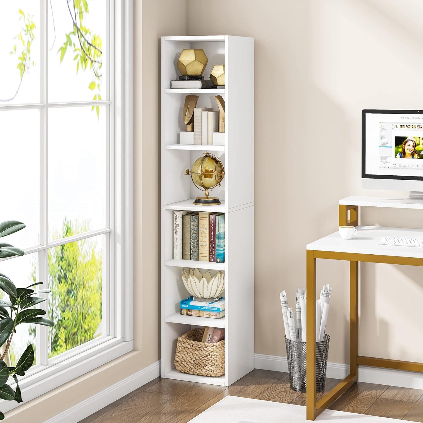 LITTLE TREE 70.9 Inch Tall Narrow Bookcase, Corner Bookshelf 6 Tier Cube Display Shelf Storage Organizer for Small Space, White