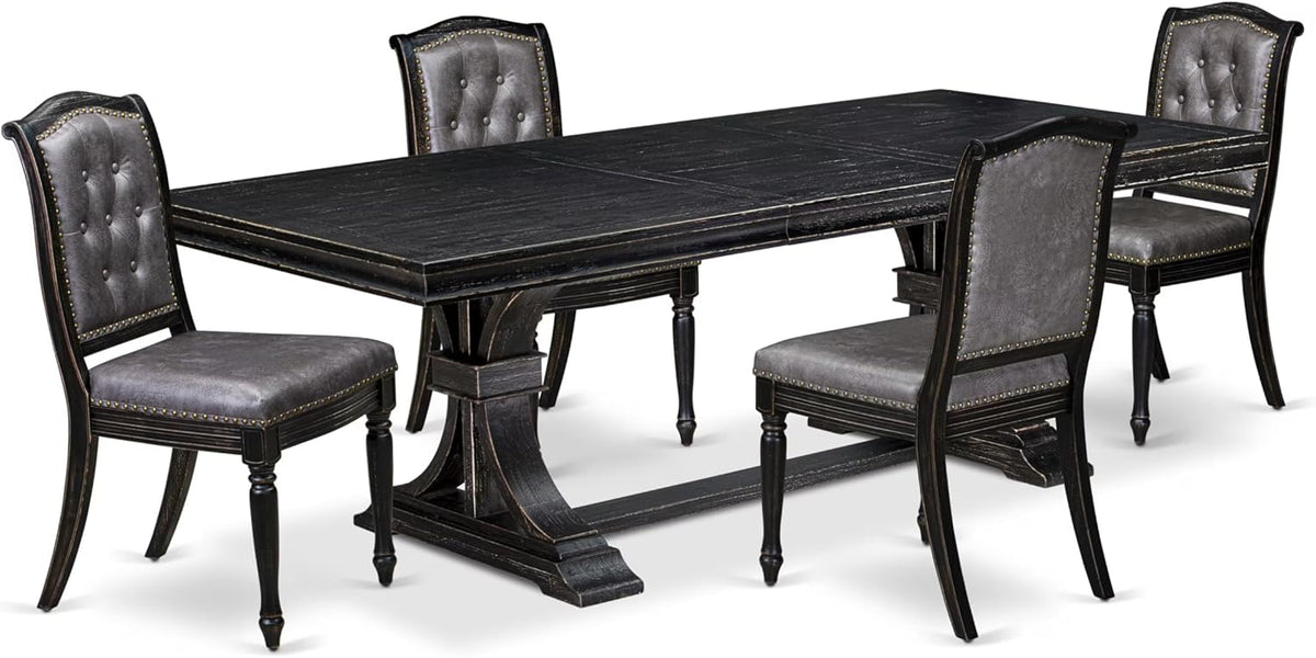 LEMA5-SBB-34-5-Piece Modern Dining Set Consists of a Dining Table and 4 Dark Grey Polyester Fabric Dining Chairs with Button Tufted Back - Sand Blasting Black Finish