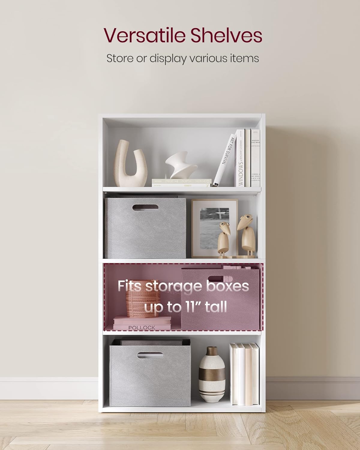 VASAGLE CUSTOS Collection - Bookshelf, 4-Tier Bookcase, Book Shelf, Open Storage Shelf, 9.4 x 23.6 x 42.4 Inches, for Living Room, Home Office, Dinning Room, Cloud White ULBC164T14