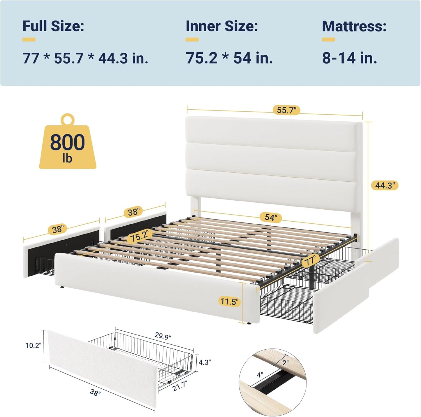 Allewie Modern Full Size Platform Bed Frame with 4 Storage Drawers and Velvet Upholstered Headboard, Wooden Slats Support, Upholstered Mattress Foundation/No Box Spring Needed/Easy Assembly, White
