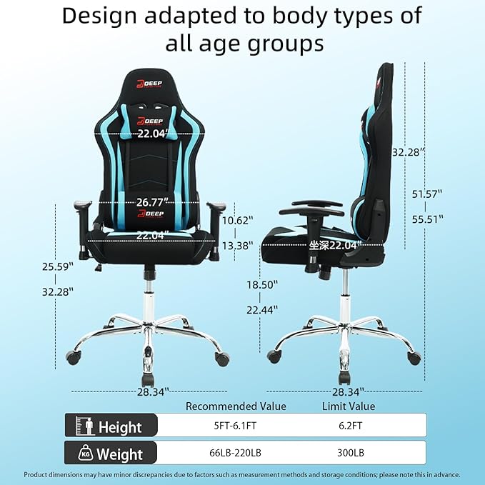 Ergonomic Fabric Gaming Chair with Footrest and Lumbar Support Racing Office Chair Adult-Specific Computer Gaming Chair Wrinkle-Resistant.(1005-LightBlue)