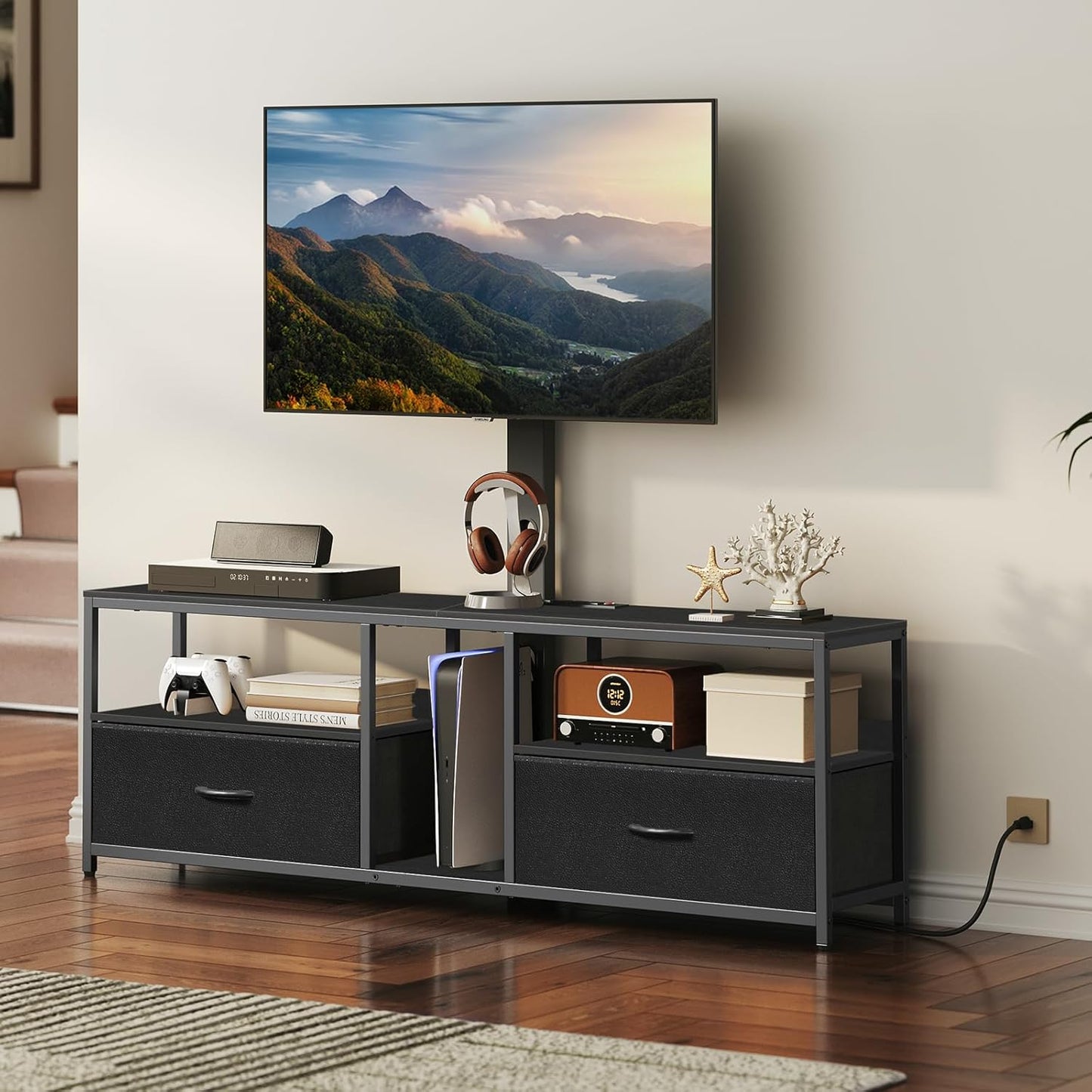TV Stand with Mount for up to 65", Entertainment Center with Switch-Controlled Charging Station, Swivel TV Stand Mount with Fabric Drawers, for Living Room, Black TVBK154E01