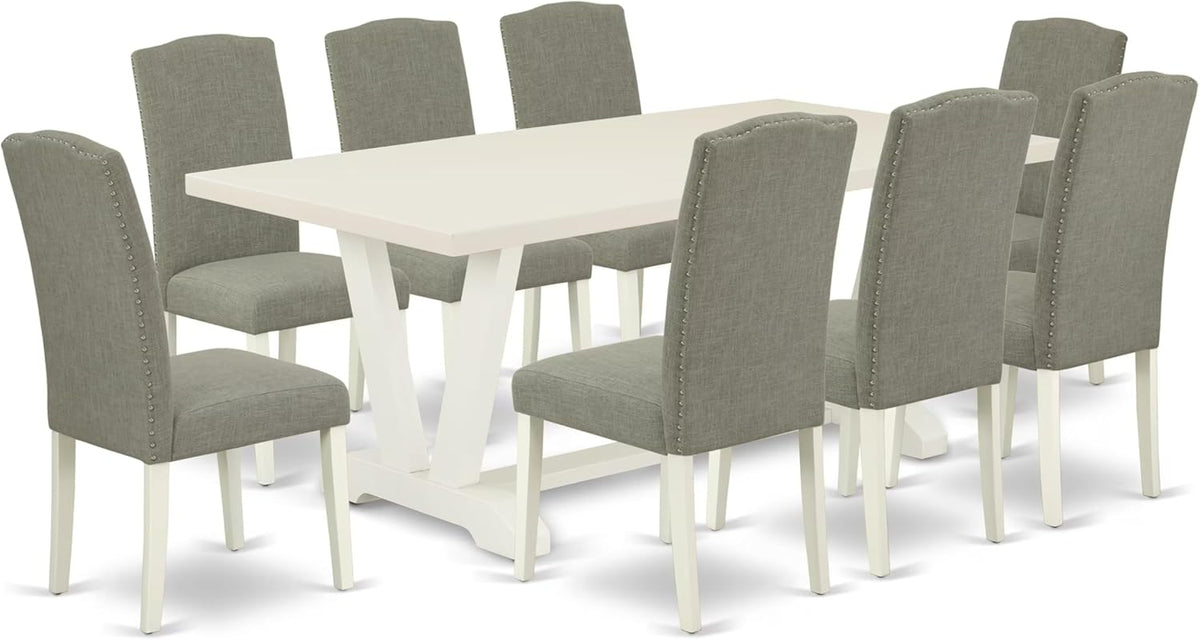 East West Furniture V027EN206-9 9 Piece Dining Room Set Includes a Rectangle Kitchen Table with V-Legs and 8 Dark Shitake Linen Fabric Upholstered Chairs, 40x72 Inch, Multi-Color