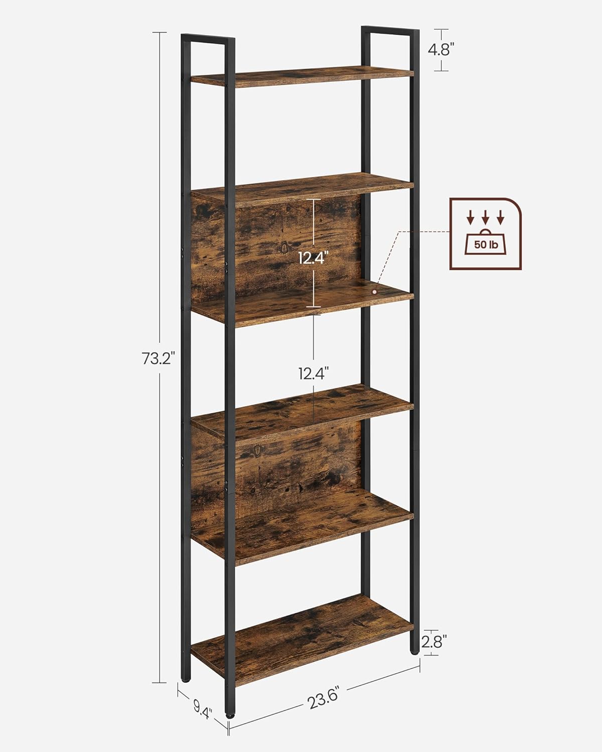 VASAGLE 6-Tier Bookshelf, Book Shelf, Industrial Bookcase, with Steel Frame, for Living Room, Home Office, Bedroom, 9.4 x 23.6 x 73.2 Inches, Rustic Brown and Black ULLS113B01