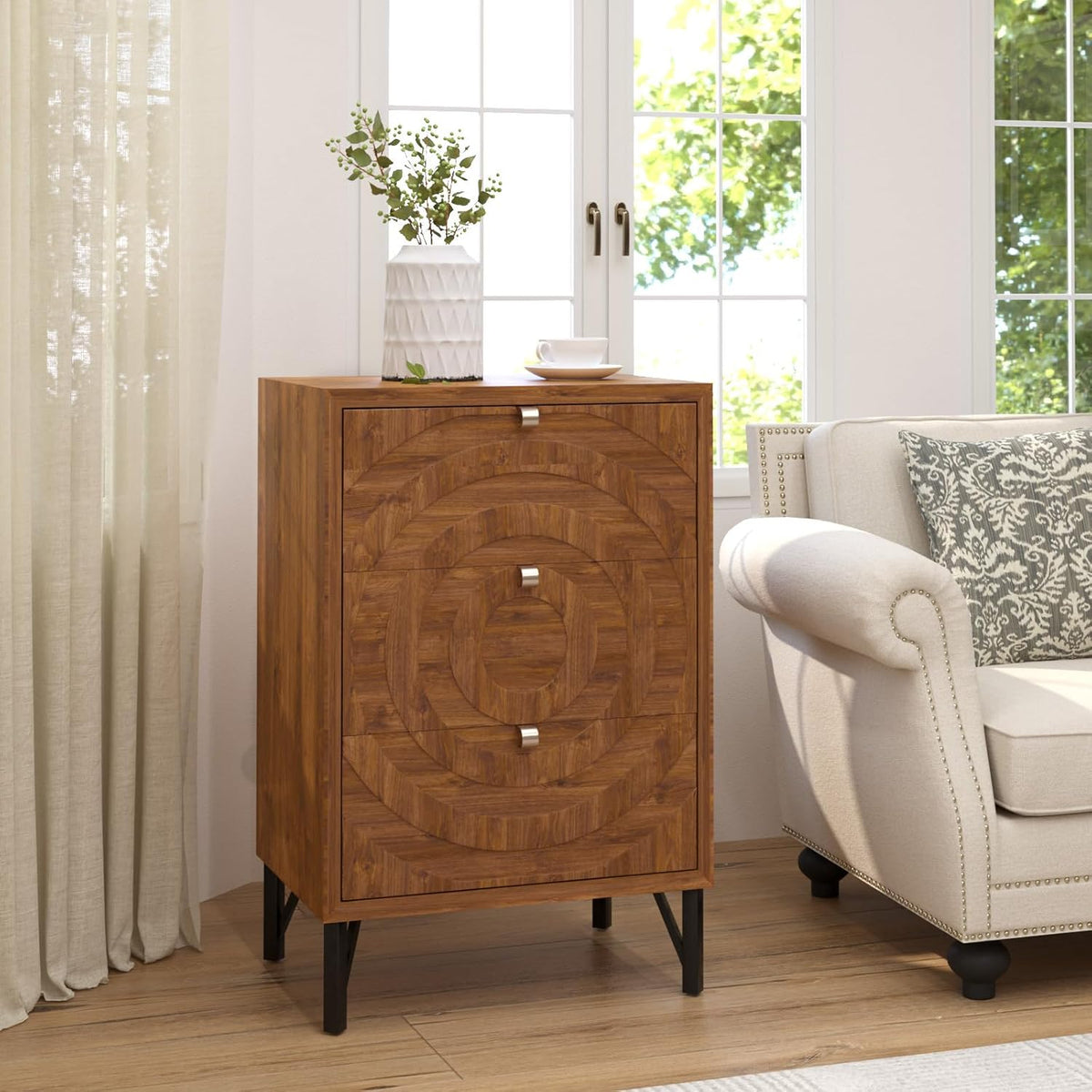COSIEST Nightstand, Rustic End Table with 3 Drawers, Vintage Wood Bedside Table with Strudy Legs, Modern Side Table Accent Nightstand for Bedroom, Living Room