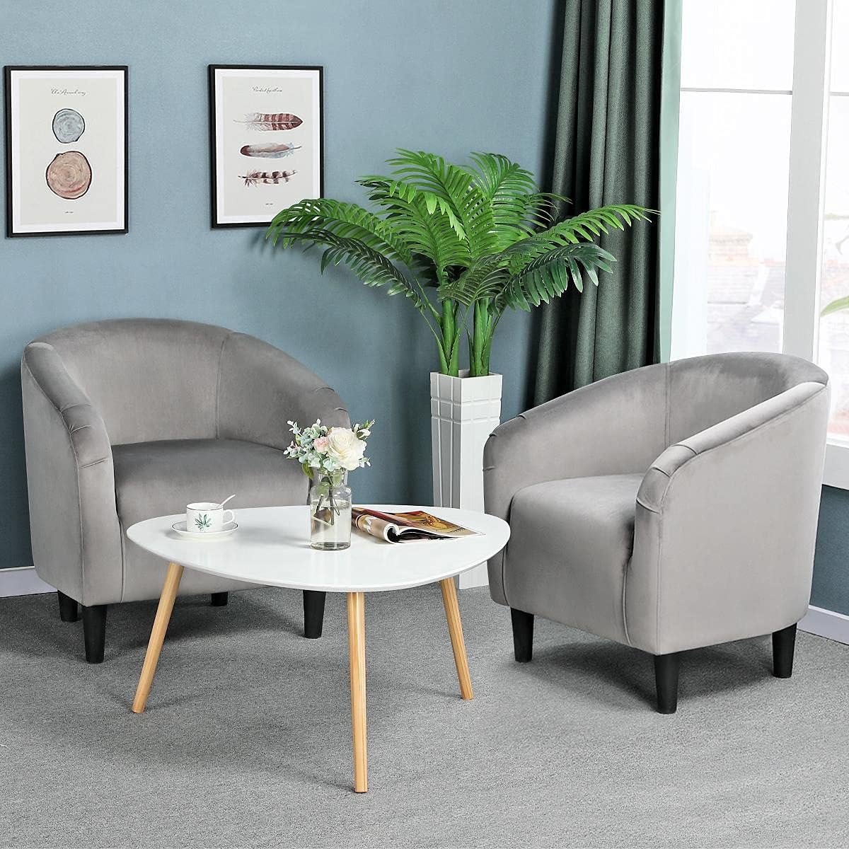 Yaheetech Living Room Chair, Velvet Accent Upholstered Barrel Sitting Chair with Armrest and Low Back for Bedroom, Grey