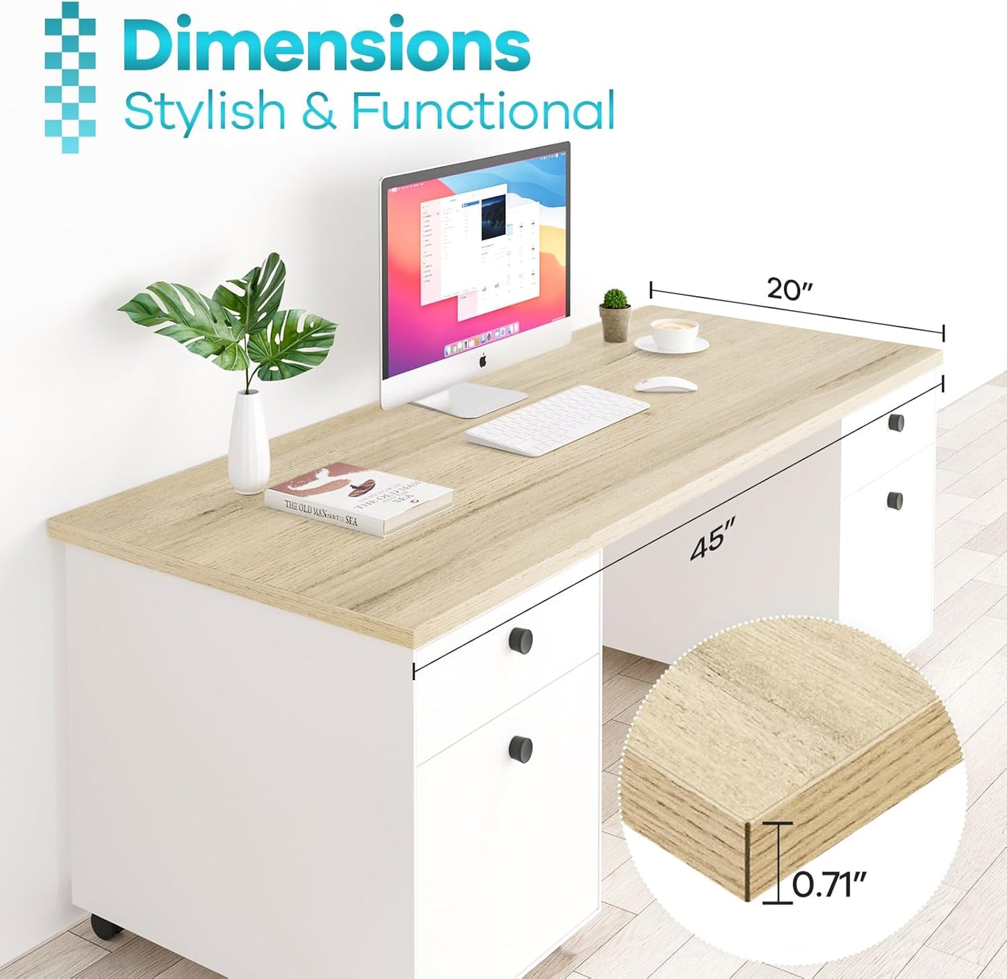 Kaboon Universal Tabletop 45"x20", Solid One-Piece Melamine Table Top, Double Desk L-Desk Floating Desk DIY, Home and Office, Oak/Grey Tone